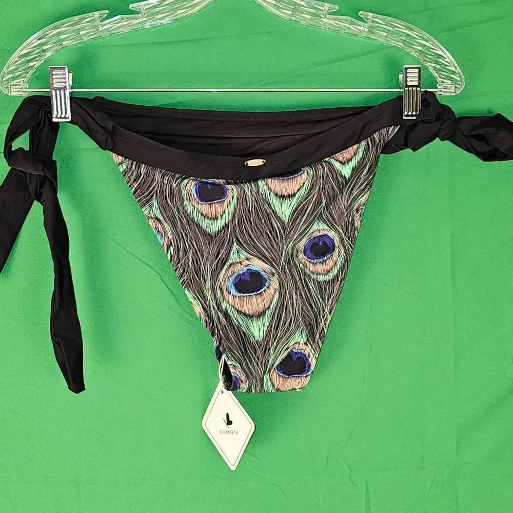 NWT Kamoni Womens Peacock Feather Print V Neck‎ Cheeky Bikini Medium Large